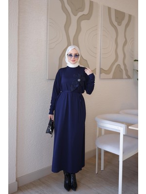 İmaj Butik Lacivert Merserize Çiçekli Triko Elbise