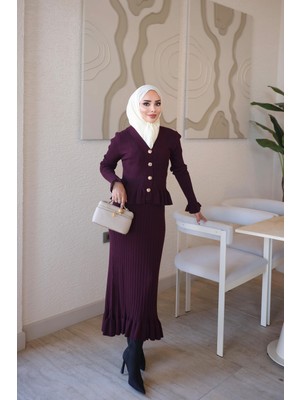 İmaj Butik Mürdüm Corsman Fırfırlı Triko Hırka Etekli Takım