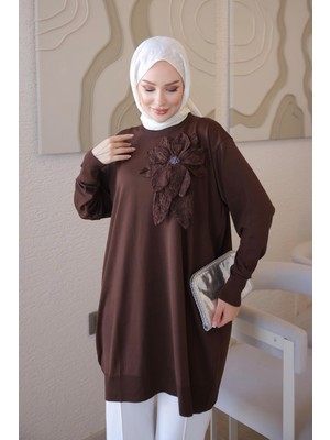 İmaj Butik Kahverengi Soğuk Iplik Çiçek Detaylı Triko Tunik