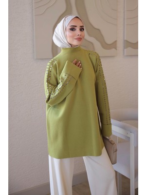 İmaj Butik Yağ Yeşili Corsman Kol Katlı Omuz Taşlı Triko Tunik