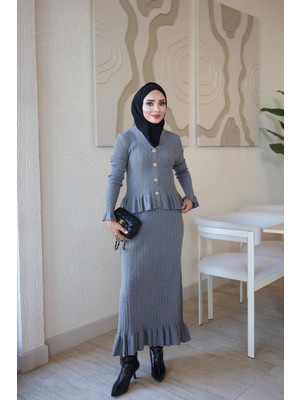 İmaj Butik Füme Corsman Fırfırlı Triko Hırka Etekli Takım
