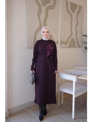 İmaj Butik Mürdüm Merserize Çiçekli Triko Elbise