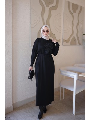İmaj Butik Siyah Merserize Çiçekli Triko Elbise