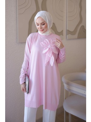 İmaj Butik Pembe Soğuk Iplik Çiçek Detaylı Triko Tunik