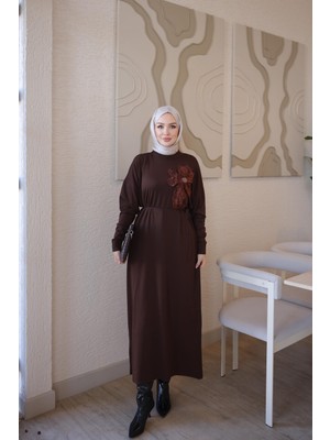 İmaj Butik Kahverengi Merserize Çiçekli Triko Elbise