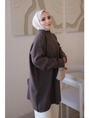 İmaj Butik Kahverengi Corsman Kol Katlı Omuz Taşlı Triko Tunik