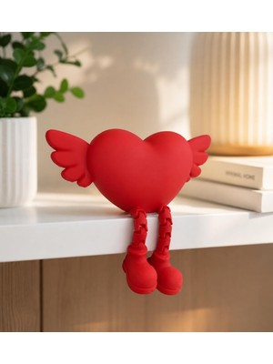Mythriva 3D Kanatlı Kalp Figürü, Hareketli Bacaklı, Kırmızı, Romantik Raf Dekor Heykeli