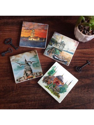 Mythriva Pinecone Istanbul Ayasofya, Galata Kulesi, Kız Kulesi, Ortaköy Taş Bardak Altlığı Seti - 4 Parça - Dekoratif, Rustik Mutfak Aksesuarı, 10X10 Cm, Kaydırmaz Tabanlı, Şık ve Dayanıklı SC105