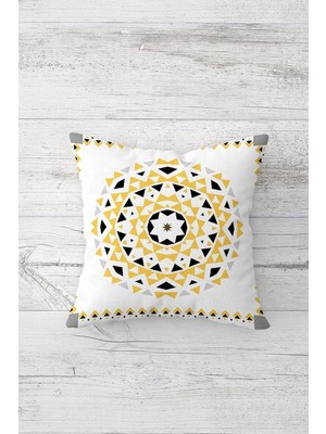 Mythriva Pelangi Etnik Mandala Desen Çift Tarafı Baskılı Gizli Fermuarlı Yastık Kılıfı Kırlent Koltuk Yastık Kılıfı, Beyaz-Sarı-Gri 45 x 45