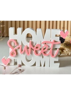 Mythriva Home Sweet Home Dekoratif Masaüstü Obje - Ev Aksesuarı, Modern Raf ve Kitaplık Dekoru, Pembe & Beyaz Estetik Ev Hediyesi