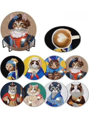 Mythriva Sanatsal Kedi Temalı Dıy Elmas Boyama Bardak Altlığı Seti