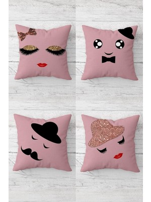 Mythriva Pelangi Emoji Temalı Pembe Gizli Fermuarlı Kırlent Kılıfı Koltuk Yastık Kılıfı TAKIM(4ADET), Pembe-Siyah 45 x 45