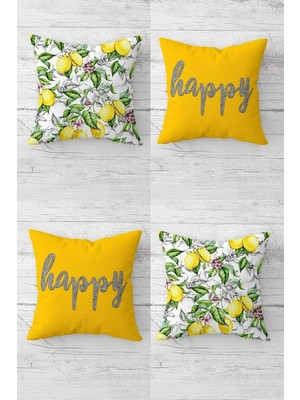 Mythriva Pelangi Limon Desenli ve Happy Yazılı Gizli Fermuarlı Kırlent Kılıfı Koltuk Yastık Kılıfı TAKIM(4ADET), Sarı-Yeşil 45 x 45