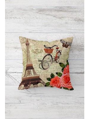 Mythriva Pelangi Paris Vintage Çift Tarafı Baskılı Gizli Fermuarlı Yastık Kılıfı Kırlent Koltuk Yastık Kılıfı, Bej 45 x 45, 2469151945451