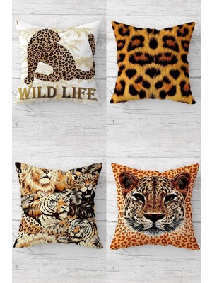 Mythriva Pelangi Leopar Desenli Kombin Gizli Fermuarlı Kırlent Kılıfı Koltuk Yastık Kılıfı TAKIM(4ADET), Kahverengi-Hardal 45 x 45