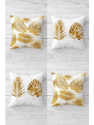 Mythriva Pelangi Gold Kuş Tüyü ve Yaprak Desenli Gizli Fermuarlı Kırlent Kılıfı Koltuk Yastık Kılıfı TAKIM(4ADET), Gold-Beyaz 45 x 45