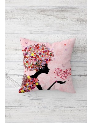 Mythriva Pelangi Çiçekli Peri Kızı Çift Tarafı Baskılı Gizli Fermuarlı Yastık Kılıfı Kırlent Koltuk Yastık Kılıfı, Pembe 45 x 45, 2469103845451