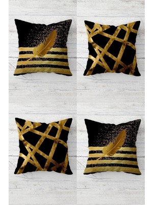 Mythriva Pelangi Gold Şeritli ve Kuş Tüyü Desenli Gizli Fermuarlı Kırlent Kılıfı Koltuk Yastık Kılıfı TAKIM(4ADET), Gold-Siyah 45 x 45
