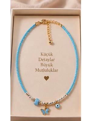 Xuping Kadın Turkuaz Mavi Boncuklu Kelebek Figürlü Nazar Boncuklu Şık Kolye