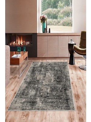 Mythriva Pelangi Gri Osmanlı Motif Nakış Işleme Yıkanabilir Kaymaz Taban Leke Tutmaz Modern Salon Halısı ve Yolluk, Koyu Gri 80 x 200