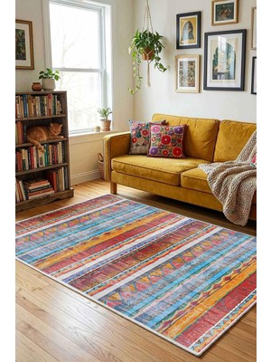 Mythriva Monnhein Çok Renkli Halı 0341 - Yıkanabilir, Kaymaz Taban, Dijital Baskılı, Leke Tutmaz, Ince Hav, Modern Salon, Oturma Odası, Yatak Odası ve Mutfak Için Dekoratif Halı