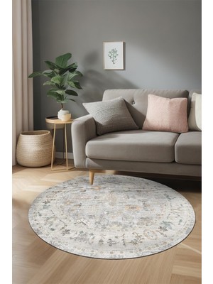 Mythriva Renal Vintage Desenli Şönil Pamuk Tabanlı Yıkanabilir Kaymaz Antibakteriyel Yuvarlak Salon Halısı 140X140