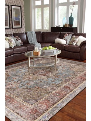 Mythriva Avlin Vintage Desenli Şönil Pamuk Tabanlı Yıkanabilir Kaymaz Antibakteriyel Salon Halısı 160X230