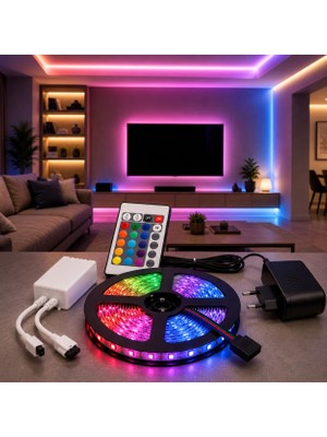 Mythriva Vıvaluxe Atc 5 Metre Rgb LED Şerit Işık Seti Uzaktan Kumandalı IP65 Su Geçirmez 12V Adaptörlü 16 Renk 4 Mod Dim Edilebilir Kendinden Yapışkanlı Tv Oda Tavan Dekorasyon Aydınlatma