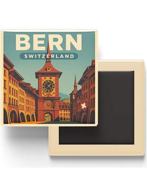 Mythriva Bern Isviçre - Zytglogge Saat Kulesi - Baskılı Buzdolap Magneti Kare 9x9 cm