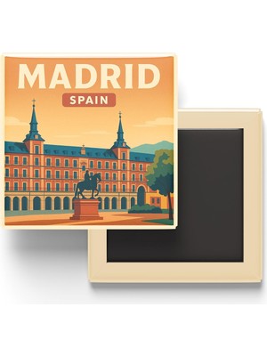 Mythriva Madrid Ispanya - Plaza Mayor (Büyük Meydan) - Baskılı Buzdolap Magneti Kare 9x9 cm