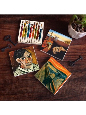 Mythriva Pinecone Stone Salvador Dalí Belleğin Azmi, Picasso Otoportre, Çığlık, Yerli Kadınlar Taş Bardak Altlığı Seti - 4 Parça - Dekoratif, Rustik Mutfak Aksesuarı, 10X10 Cm, Kaydırmaz Tabanlı SC324