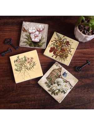 Mythriva Pinecone Stone Vintage Çiçek, Kelebekli Çiçek Taş Bardak Altlığı Seti - 4 Parça - Dekoratif, Rustik Mutfak Aksesuarı, 10X10 Cm, Kaydırmaz Tabanlı, Şık ve Dayanıklı SC291