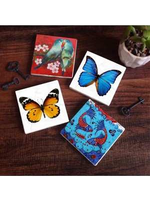 Mythriva Pinecone Stone Kelebek, Kuş, Çini Sanatı Balık Taş Bardak Altlığı Seti - 4 Parça - Dekoratif, Rustik Mutfak Aksesuarı, 10X10 Cm, Kaydırmaz Tabanlı, Şık ve Dayanıklı SC397