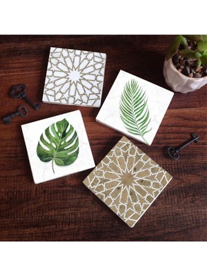 Mythriva Pinecone Stone Etnik Desen, Yaprak Taş Bardak Altlığı Seti - 4 Parça - Dekoratif, Rustik Mutfak Aksesuarı, 10X10 Cm, Kaydırmaz Tabanlı, Şık ve Dayanıklı SC368