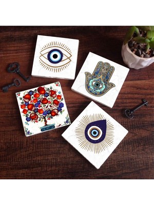 Mythriva Pinecone Stone Nazar, Nar Ağacı, Fatma Ana Eli (Hamsa) Taş Bardak Altlığı Seti - 4 Parça - Dekoratif, Rustik Mutfak Aksesuarı, 10X10 Cm, Kaydırmaz Tabanlı, Şık ve Dayanıklı SC409