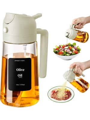 Mythriva Sweet Vıew 2'si 1 Arada Yağ ve Yağ Püskürtücü, 470 ml Hava Fritöz Yağ Püskürtücü, Mutfak, Salata ve Barbekü Için Cam Zeytinyağı Şişesi (Beyaz)