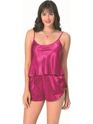 Pileli Store Şık Tasarım Yumuşak Dokulu Vişne Saten Babydoll Şort Takımı