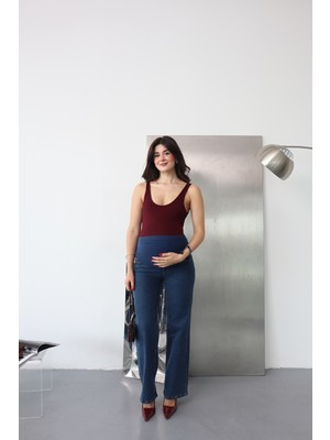 Bqess Hamile Karnı Saran Esnek Bantlı Koyu Mavi Crop Düz Paça Jean Pantolon