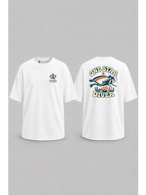 Bahriyeli Collection Oversize One Star Diver Bir Yıldız Dalgıç Cep ve Sırt Baskılı Unisex T-Shirt