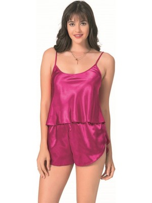Pileli Store Vişne Saten Babydoll Şort Takımı