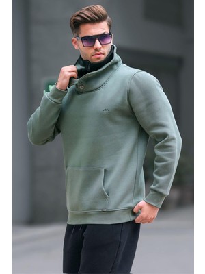 Mythriva Madmext Triko Yaka Düğmeli Haki Sweatshirt 4411,HAKI S