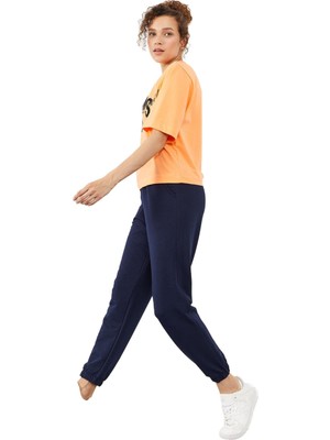 Mythriva Indigo Cepli Yüksek Bel Rahat Form Lastik Paça Kadın Eşofman Alt - 94583