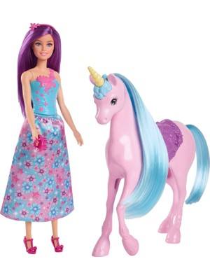 Mythriva Barbie Bebek ve Tek Boynuzlu At Barbie Büyüleyici Bebek ve Tek Boynuzlu At Oyuncak Seti, Eyer, Fırça ve Aksesuarlar HYT62
