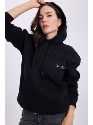 Mythriva Tudors Kapüşonlu Sweatshirt Oversize Geniş Kesim Içi Polarlı Baskılı, M, SW250027, Siyah, Kadın