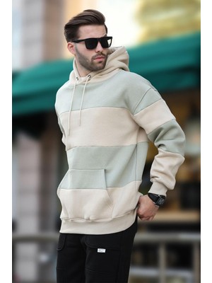 Mythriva Madmext Bej Kapüşonlu Renk Bloklu Cep Detaylı Erkek Sweatshirt 7044,BEJ M