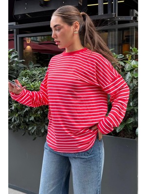 Mythriva Madmext Kırmızı Çizgili Sweatshirt MG2572,KIRMIZI S