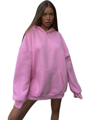 Mythriva Madmext Pembe Kapüşonlu Şardonlu Oversize Sweatshirt MG1566,PEMBE Xl