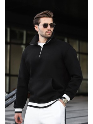 Mythriva Madmext Siyah Fermuarlı Dik Yaka Kanguru Cep Erkek Sweatshirt E7159,SIYAH M