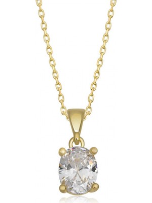 Pileli Store 925 Ayar Gümüş Gold Oval Zirkon Taşlı Kadın Gümüş Kolye