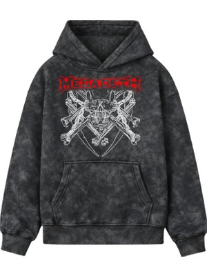 Fuddy Moda Unisex Megadeth Skull Baskılı Kapüşonlu Yıkamalı Sweatshirt, Oversize Rock Band Eskitme Hoodie